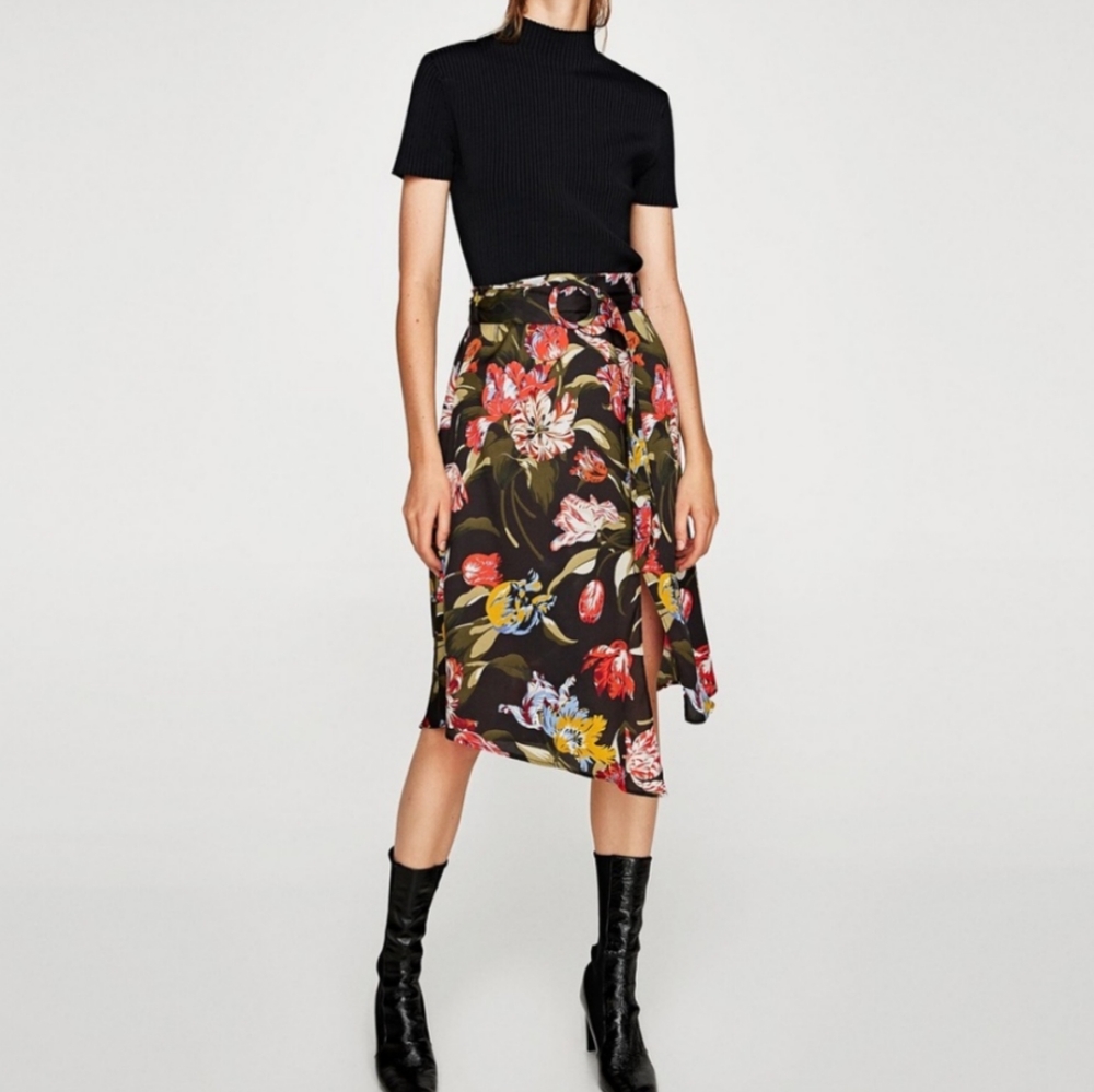 SOLD ZARA Floral Tropical Belted Midi Skirt